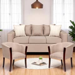 SITIAL HOME - Living 311 kabul Beige Sofa 3 cuerpos + 2 Sitiales de madera tapizados