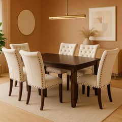 SWEET HOGAR - Comedor de madera con 6 sillas tapiz Capitoné Modelo Grecia Beige