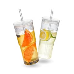 SANTU HOME & DECO - Vaso Vidrio con Bombilla y Tapa Perlado 500ml Set 2 unidades