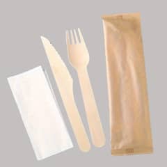 OMNIPACK - Set Tenedor Cuchillo Madera Desechable Y Servilleta 100 Un