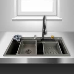 JOYTEK - Lavaplatos Americano Premium con Monomando y Cascada Gris 75x45x22 cm