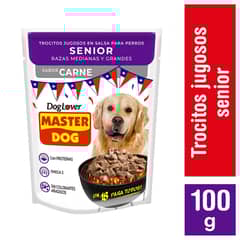 MASTER DOG - Alimento húmedo trocitos jugosos para perros senior, sabor carne 85g