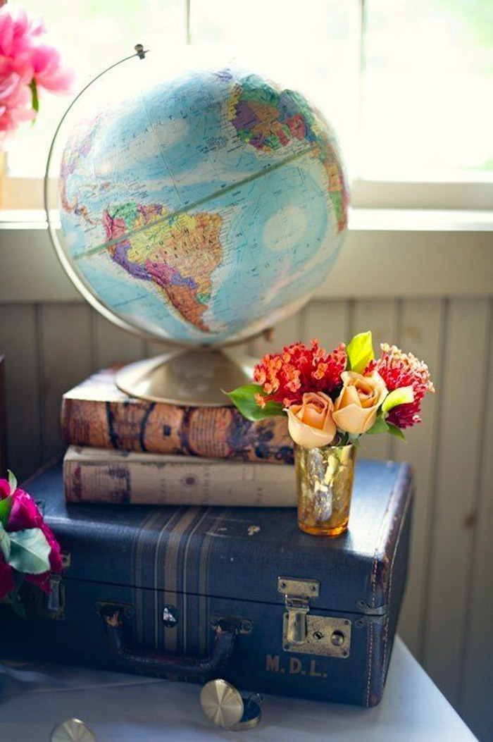 Decoración con maletas y globo terráqueo.