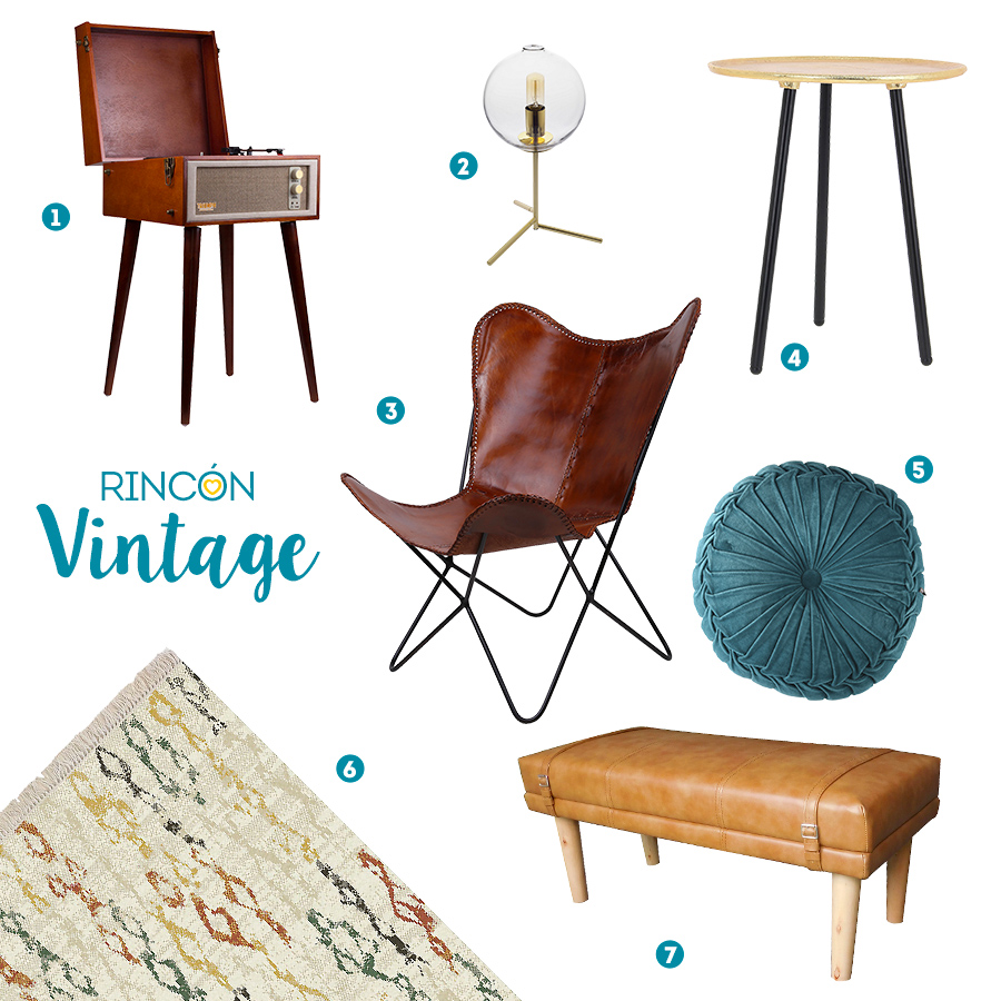 moodboard con tocadiscos, lámpara, silla y cojín
