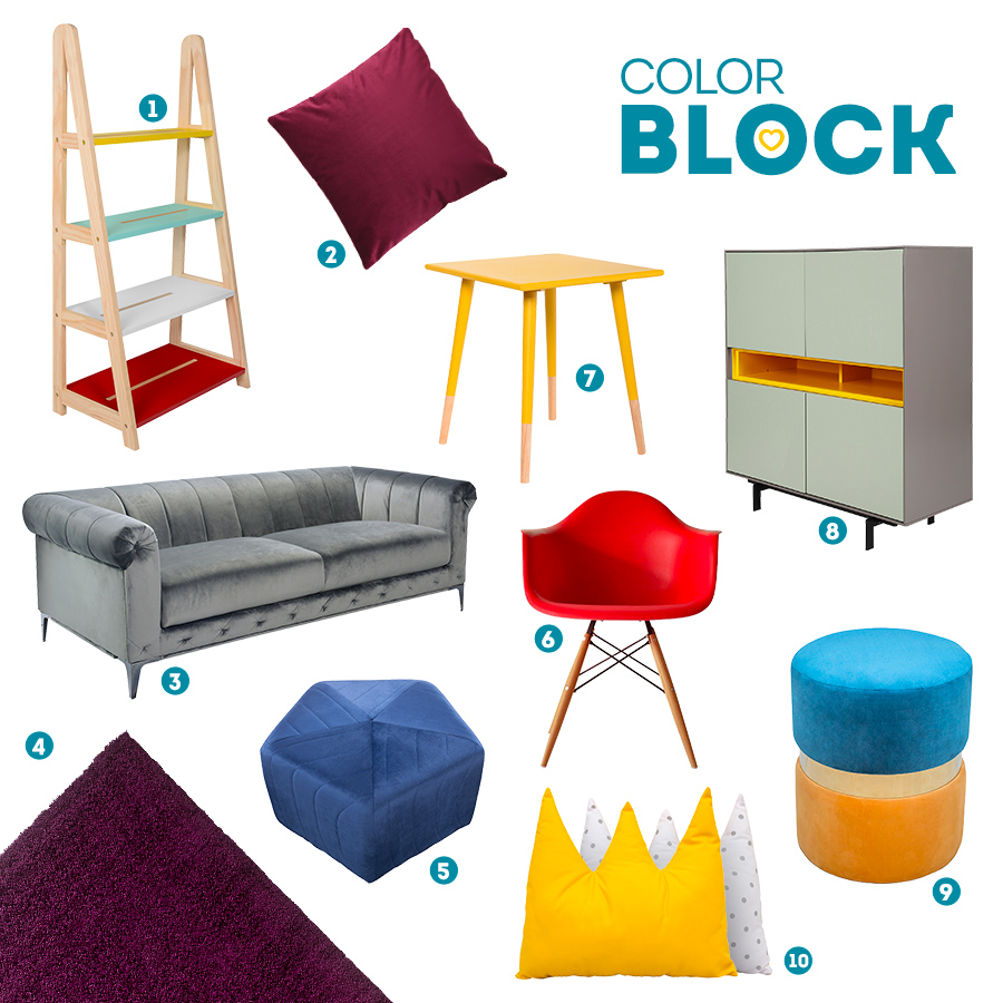 moodboard homy o productos que aplican el estilo color block