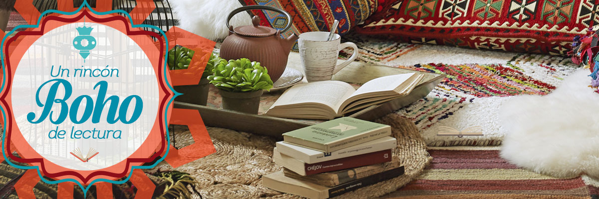 un rincón boho cojines libros mantas