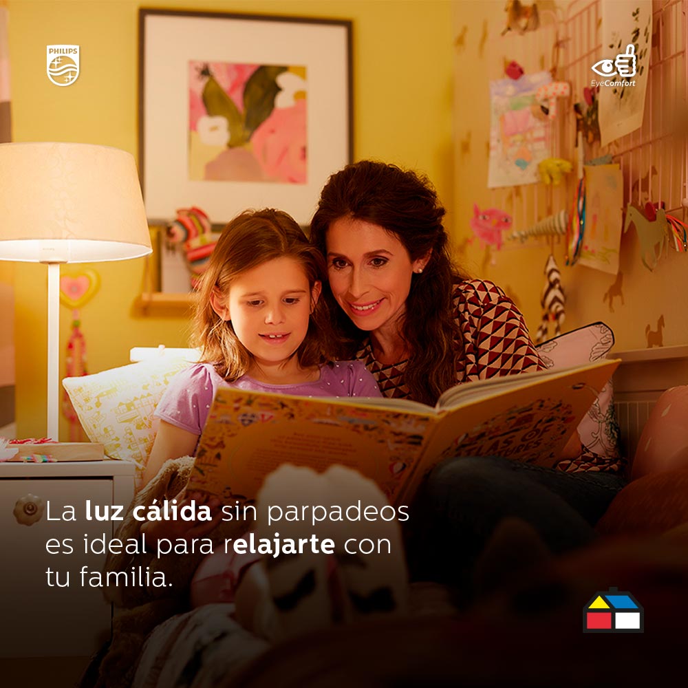 La luz cálida sin parpadeos es ideal para relajarte con tu familia. La luz cálida sin parpadeos es ideal para relajarte con tu familia.