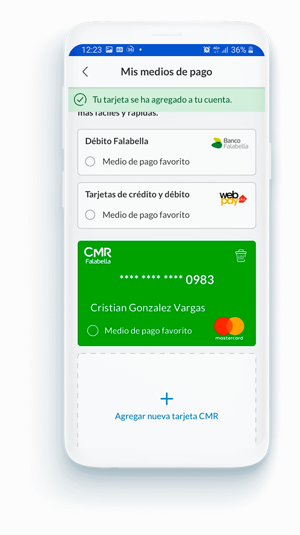 pantalla de medios de pago vista de la pantalla de medios de pago
