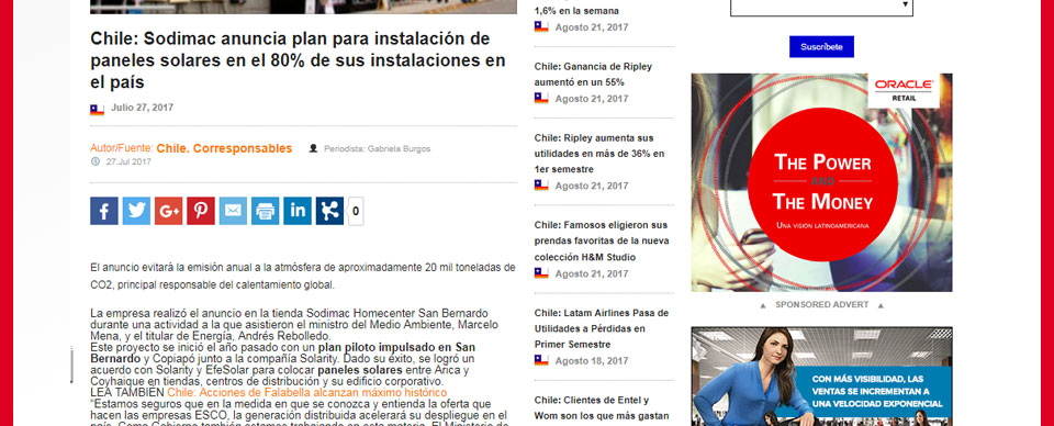 Sodimac anuncia instalación de paneles solares en 80% de sus tiendas