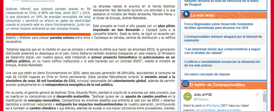 Sodimac instalará paneles solares en el 80% de sus tiendas