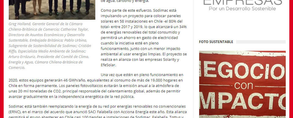 Cmara Chileno-Britnica de Comercio premi a Sodimac por su programa de energas renovables